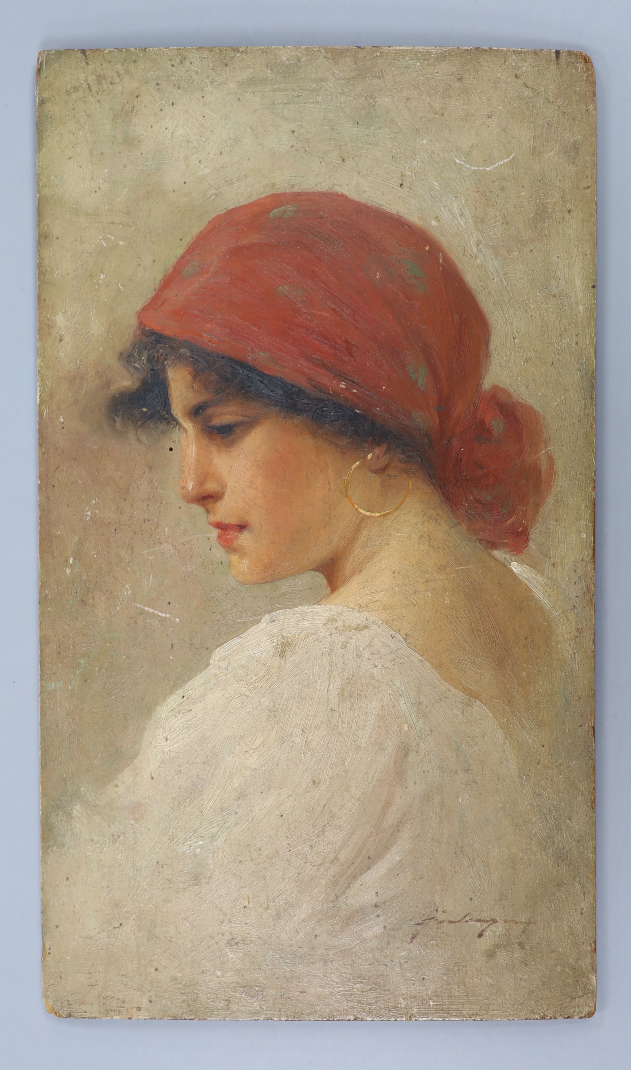 Indistinctly signed oil on wood panel - Girl with red scarf (unframed) 29x17cm